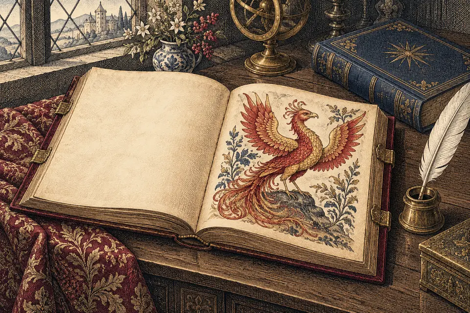 Libro immaginario aperto su una fenice dipinta, con una penna e un volume blu su un tavolo